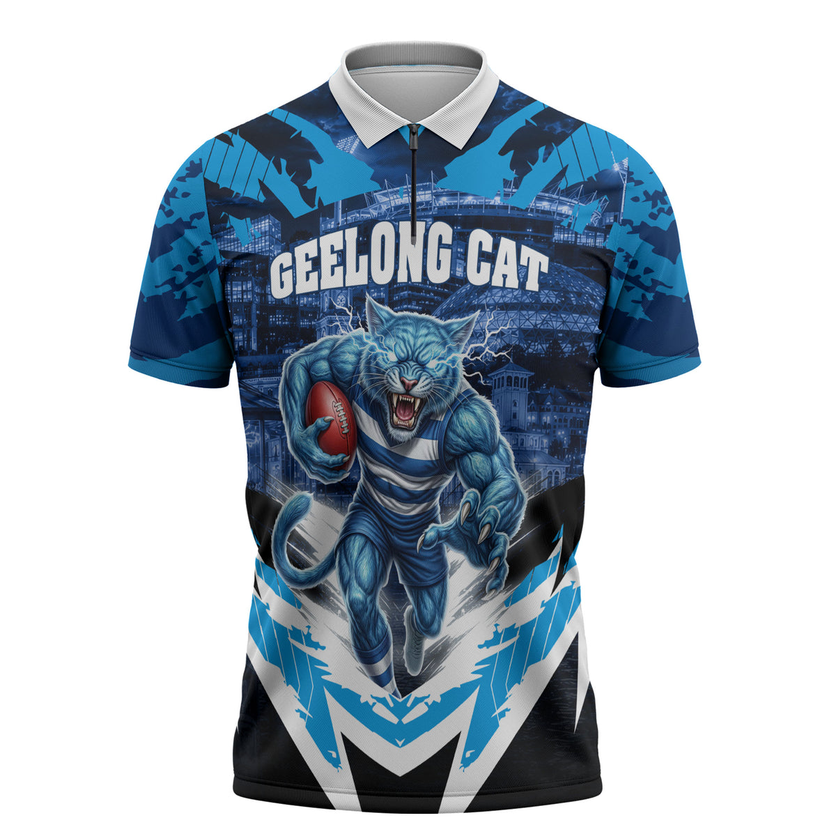 Personalised Geelong Cat Football Zipper Polo Shirt Electric Blue Mascot Charging Cityscape