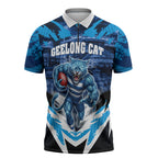 Personalised Geelong Cat Football Zipper Polo Shirt Electric Blue Mascot Charging Cityscape