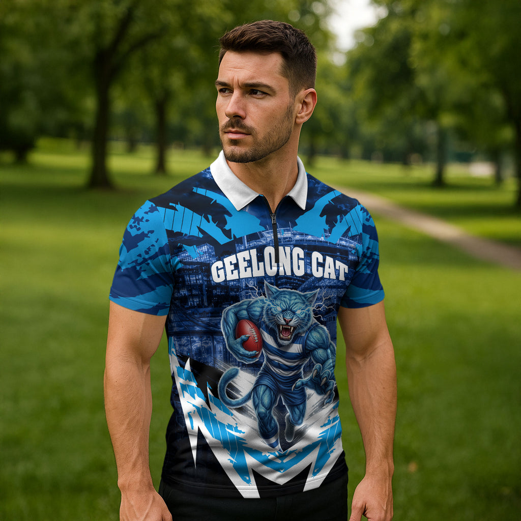 Personalised Geelong Cat Football Zipper Polo Shirt Electric Blue Mascot Charging Cityscape
