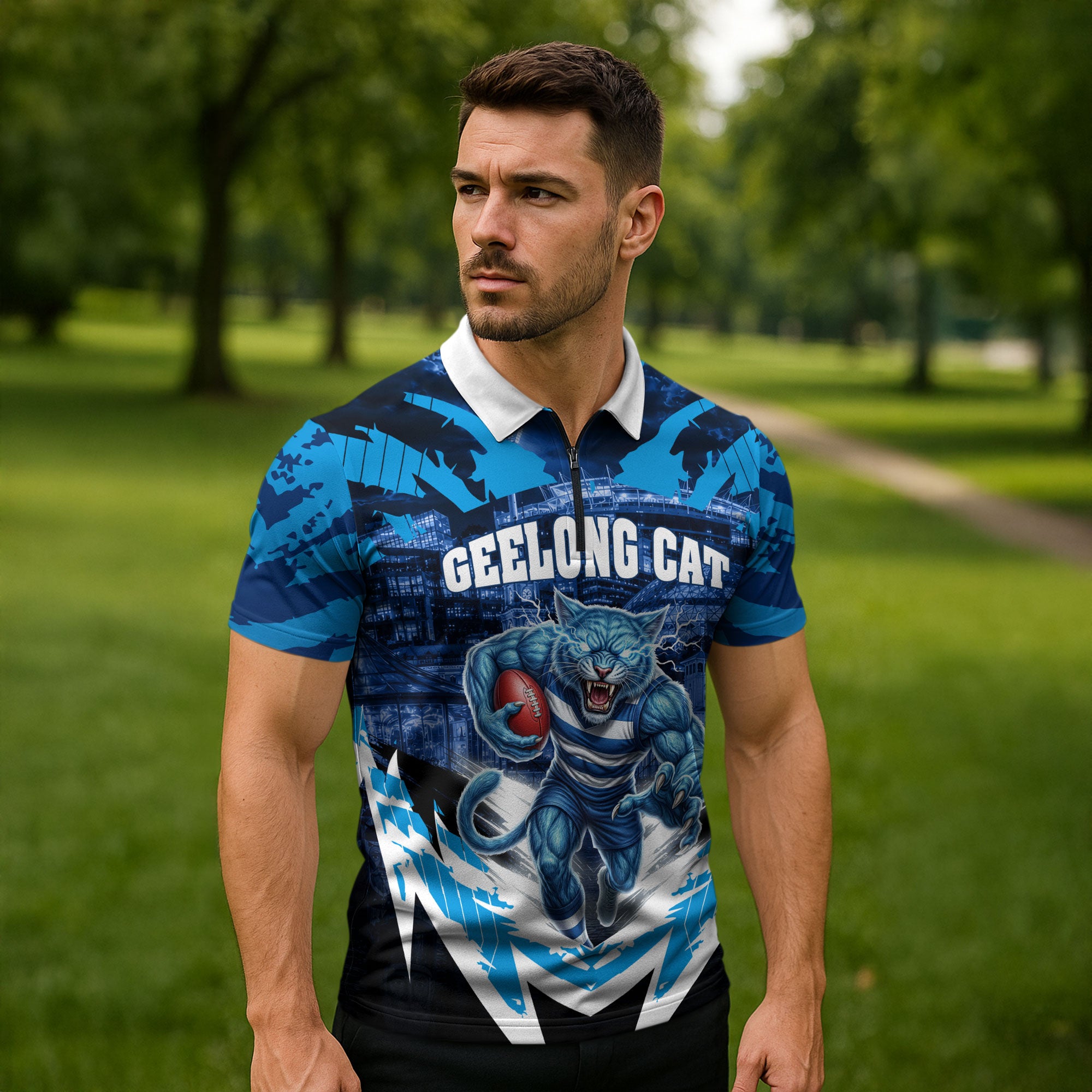 Personalised Geelong Cat Football Zipper Polo Shirt Electric Blue Mascot Charging Cityscape