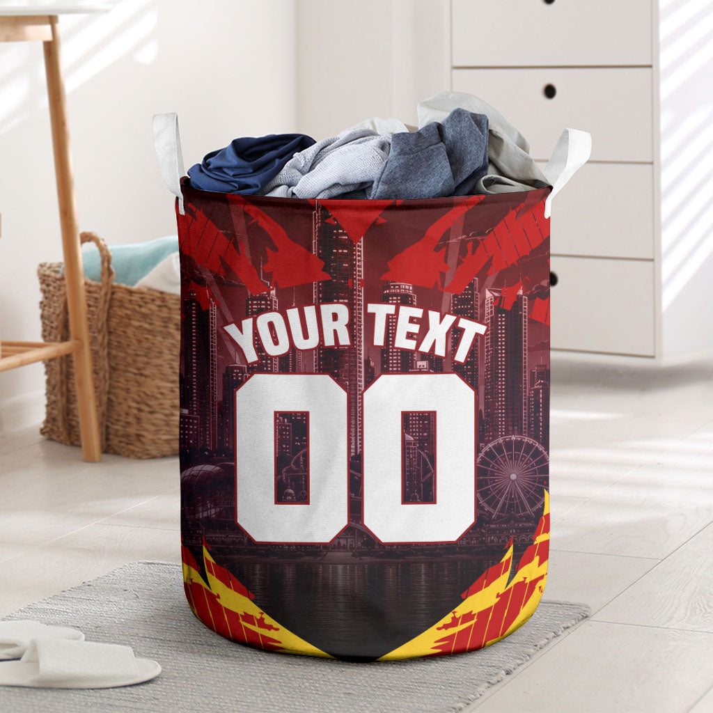 Personalised Gold Coast Suns Football Laundry Basket Electric Red Flame Mascot Charging Cityscape
