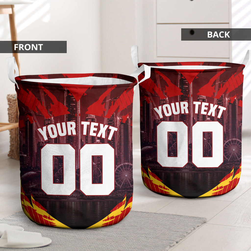 Personalised Gold Coast Suns Football Laundry Basket Electric Red Flame Mascot Charging Cityscape