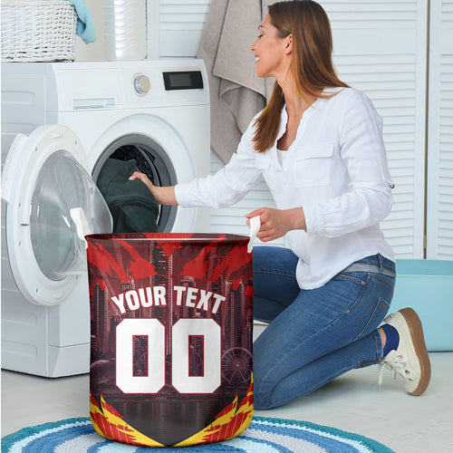 Personalised Gold Coast Suns Football Laundry Basket Electric Red Flame Mascot Charging Cityscape