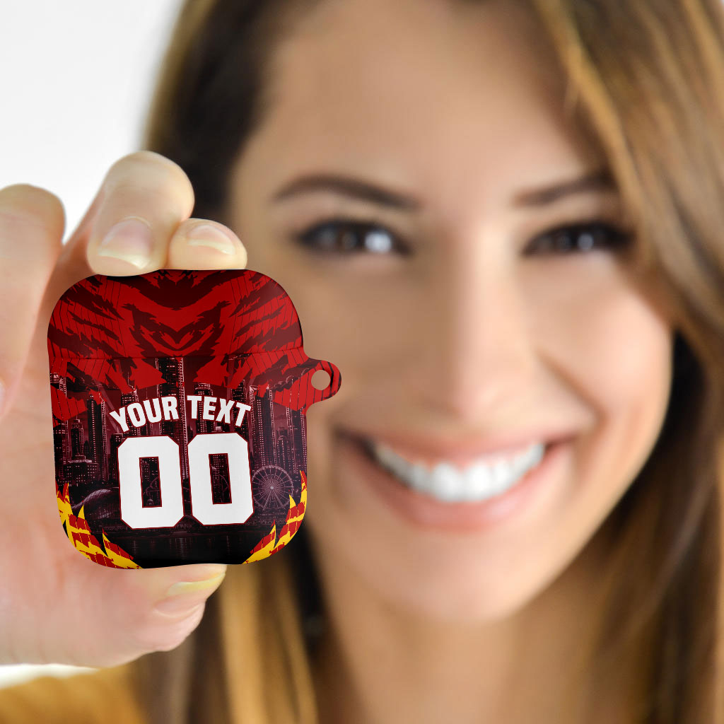 Personalised Gold Coast Suns Football AirPods Case Electric Red Flame Mascot Charging Cityscape