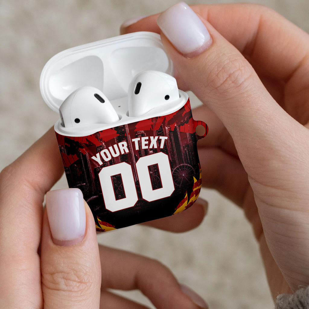 Personalised Gold Coast Suns Football AirPods Case Electric Red Flame Mascot Charging Cityscape