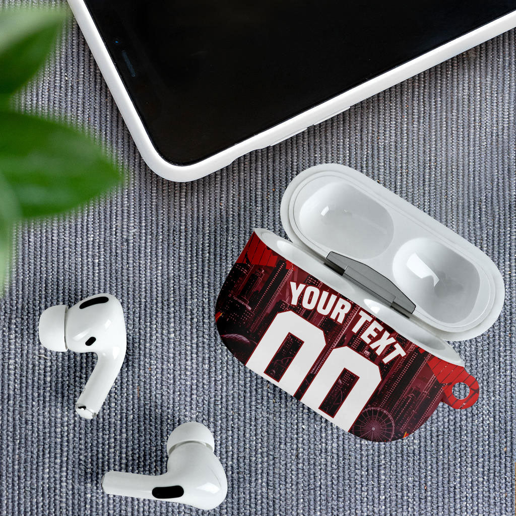 Personalised Gold Coast Suns Football AirPods Case Electric Red Flame Mascot Charging Cityscape