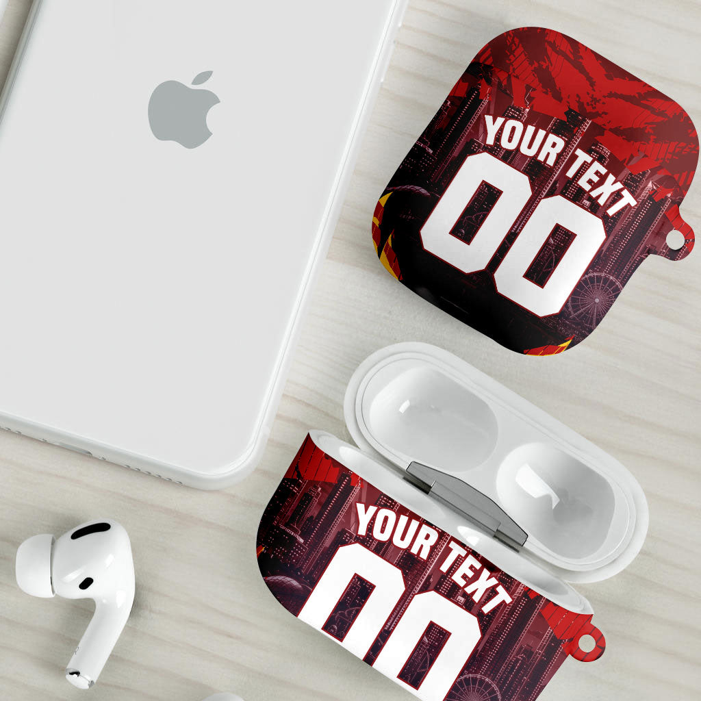 Personalised Gold Coast Suns Football AirPods Case Electric Red Flame Mascot Charging Cityscape