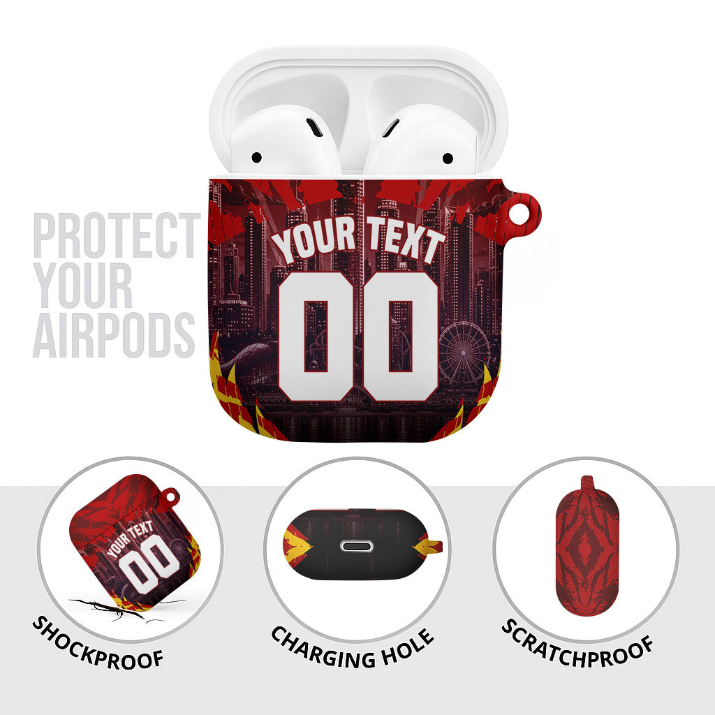 Personalised Gold Coast Suns Football AirPods Case Electric Red Flame Mascot Charging Cityscape