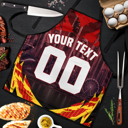 Personalised Gold Coast Suns Football Apron Electric Red Flame Mascot Charging Cityscape