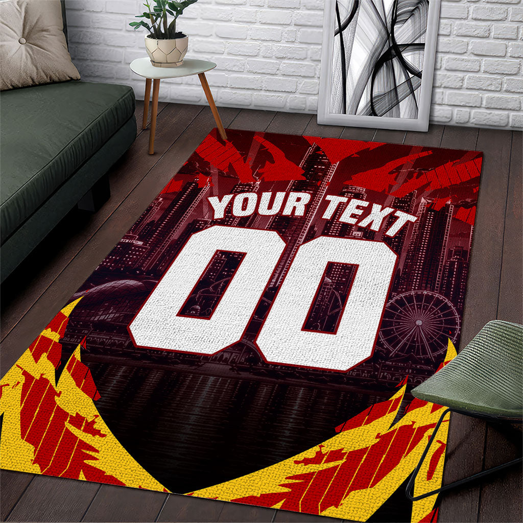Personalised Gold Coast Suns Football Area Rug Electric Red Flame Mascot Charging Cityscape