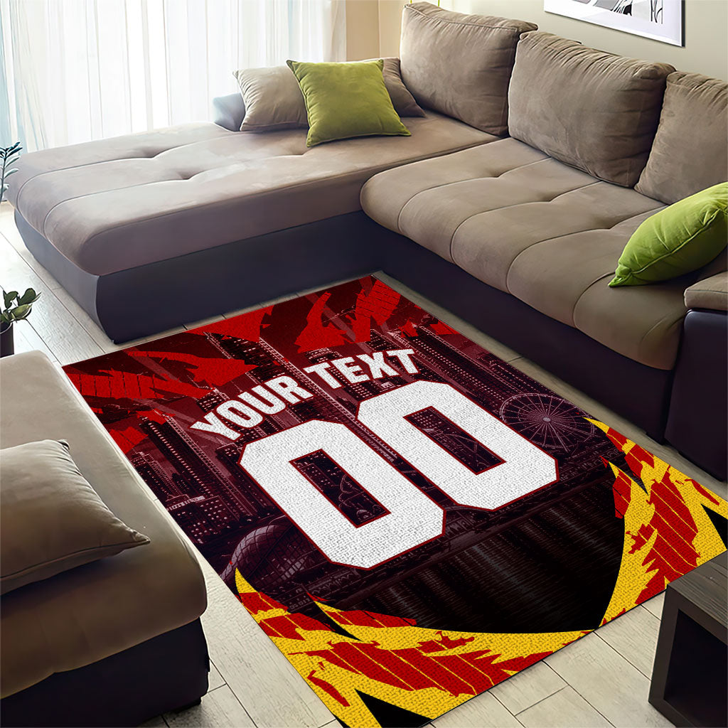 Personalised Gold Coast Suns Football Area Rug Electric Red Flame Mascot Charging Cityscape