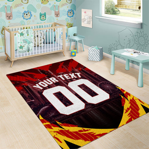 Personalised Gold Coast Suns Football Area Rug Electric Red Flame Mascot Charging Cityscape