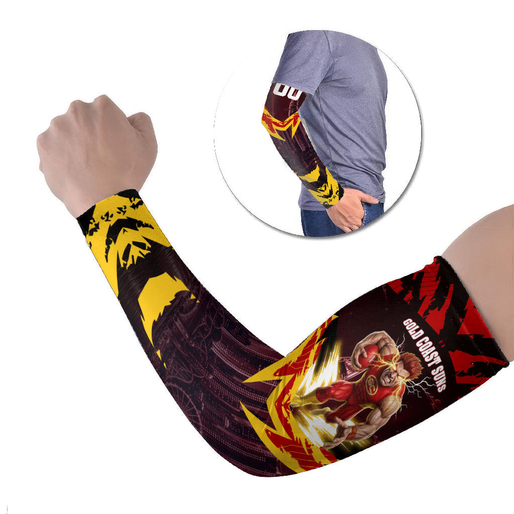 Personalised Gold Coast Suns Football Arm Sleeves Electric Red Flame Mascot Charging Cityscape
