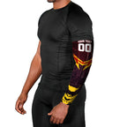 Personalised Gold Coast Suns Football Arm Sleeves Electric Red Flame Mascot Charging Cityscape
