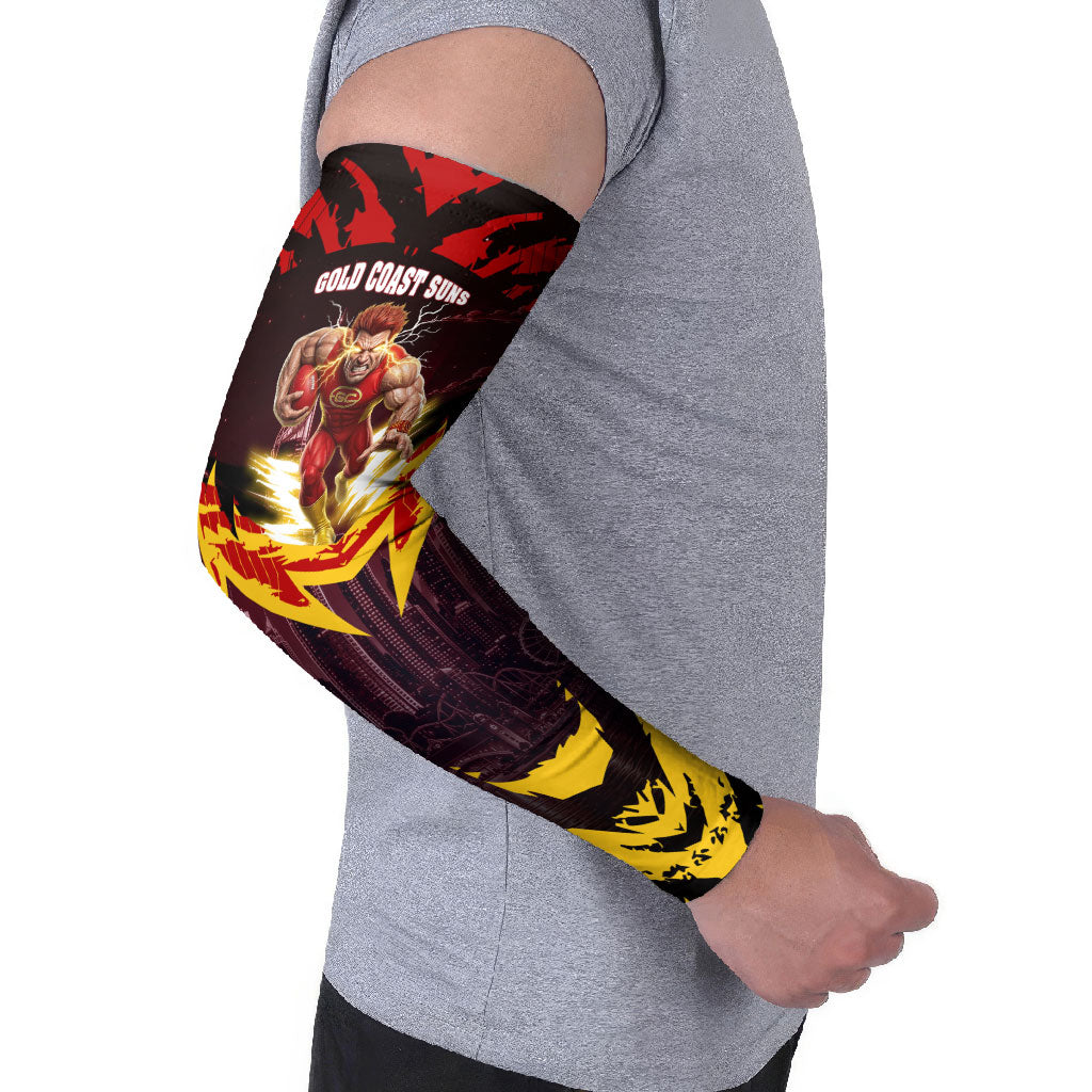 Personalised Gold Coast Suns Football Arm Sleeves Electric Red Flame Mascot Charging Cityscape