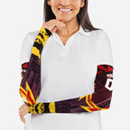 Personalised Gold Coast Suns Football Arm Sleeves Electric Red Flame Mascot Charging Cityscape