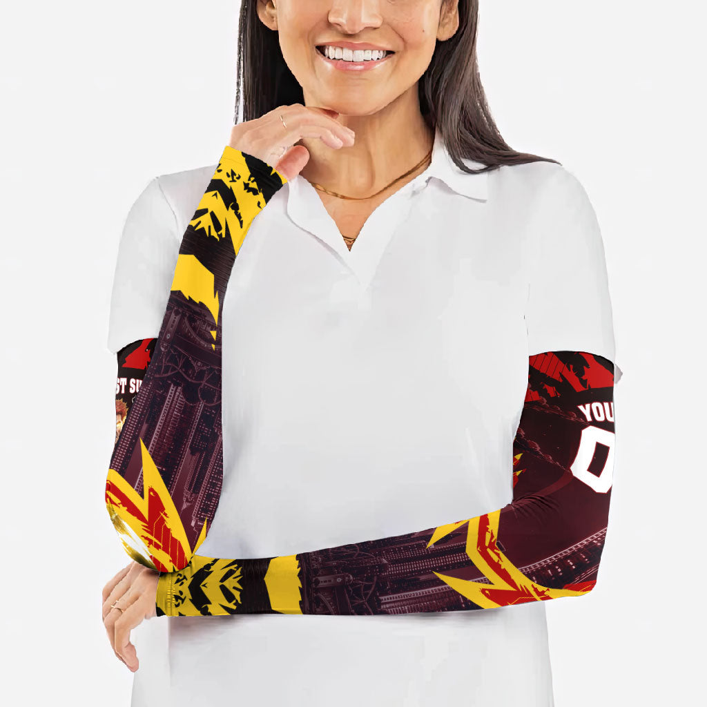 Personalised Gold Coast Suns Football Arm Sleeves Electric Red Flame Mascot Charging Cityscape