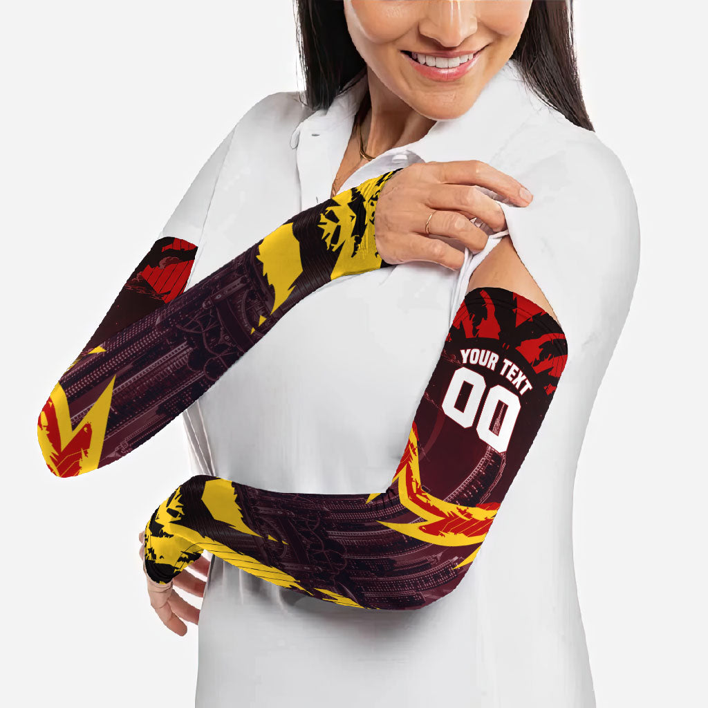 Personalised Gold Coast Suns Football Arm Sleeves Electric Red Flame Mascot Charging Cityscape