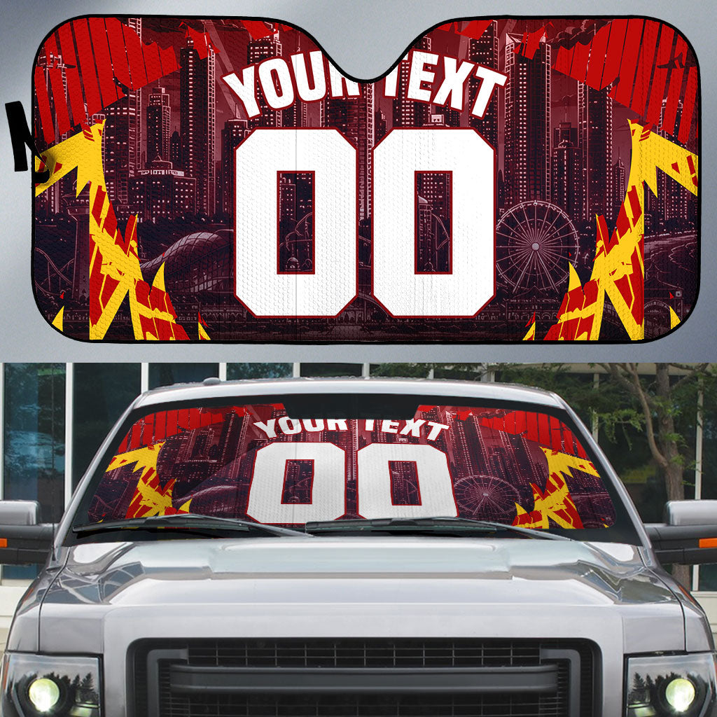 Personalised Gold Coast Suns Football Auto Sun Shade Electric Red Flame Mascot Charging Cityscape
