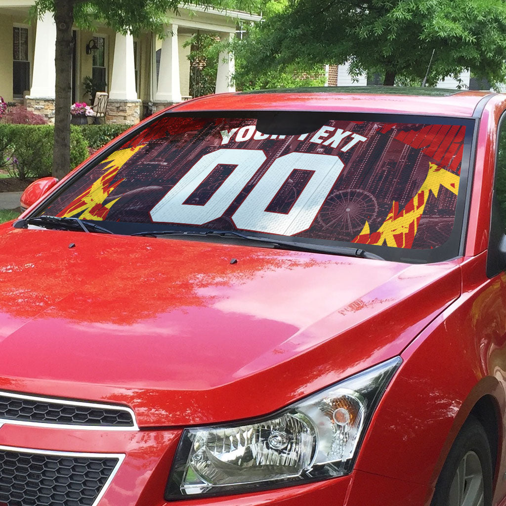 Personalised Gold Coast Suns Football Auto Sun Shade Electric Red Flame Mascot Charging Cityscape