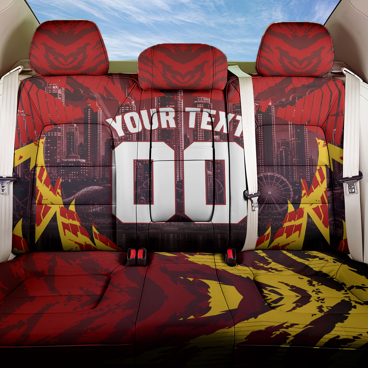 Personalised Gold Coast Suns Football Back Car Seat Cover Electric Red Flame Mascot Charging Cityscape