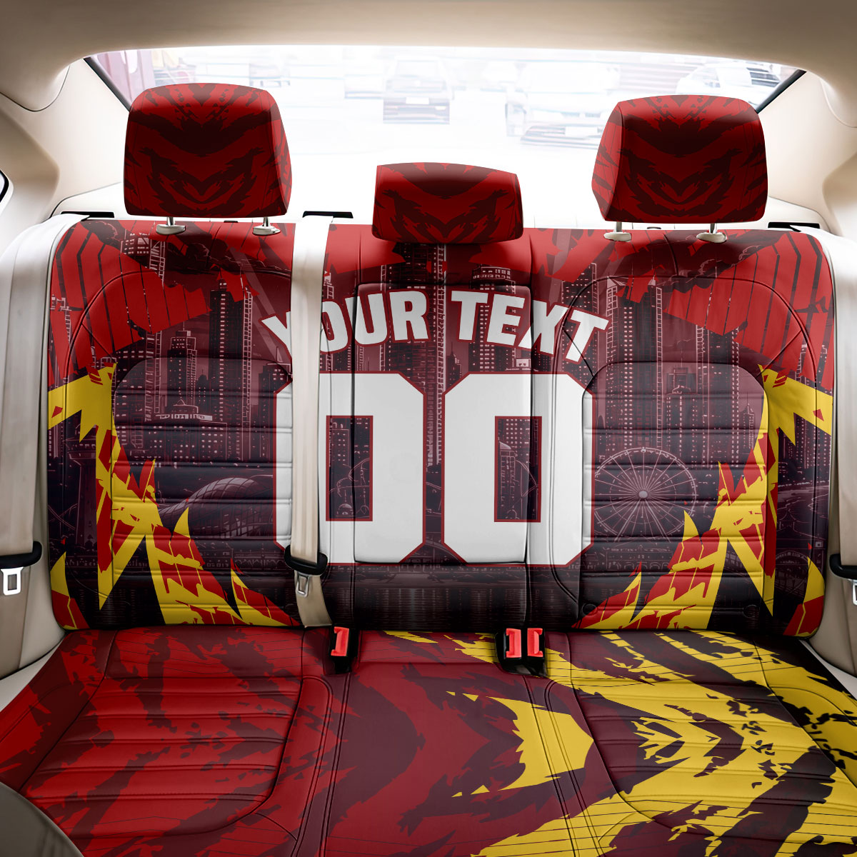 Personalised Gold Coast Suns Football Back Car Seat Cover Electric Red Flame Mascot Charging Cityscape