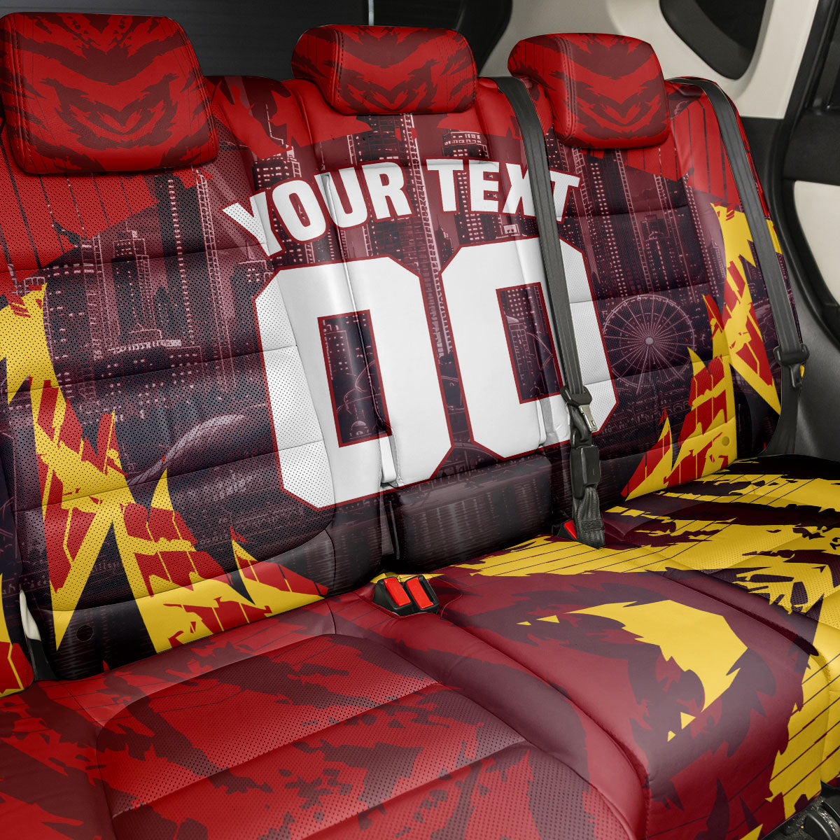 Personalised Gold Coast Suns Football Back Car Seat Cover Electric Red Flame Mascot Charging Cityscape