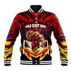 Personalised Gold Coast Suns Football Baseball Jacket Electric Red Flame Mascot Charging Cityscape