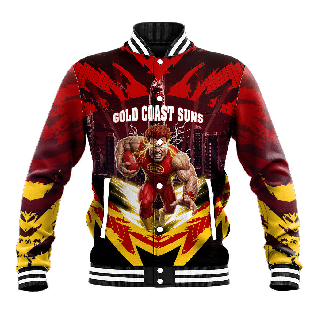 Personalised Gold Coast Suns Football Baseball Jacket Electric Red Flame Mascot Charging Cityscape