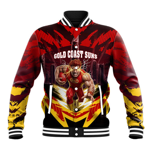 Personalised Gold Coast Suns Football Baseball Jacket Electric Red Flame Mascot Charging Cityscape