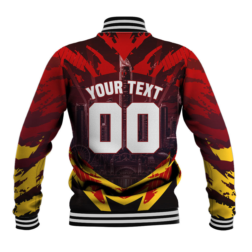 Personalised Gold Coast Suns Football Baseball Jacket Electric Red Flame Mascot Charging Cityscape