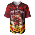 Personalised Gold Coast Suns Football Baseball Jersey Electric Red Flame Mascot Charging Cityscape