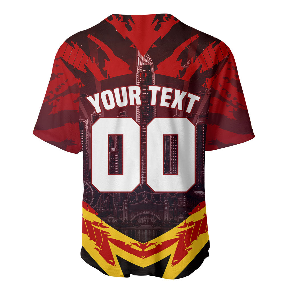 Personalised Gold Coast Suns Football Baseball Jersey Electric Red Flame Mascot Charging Cityscape