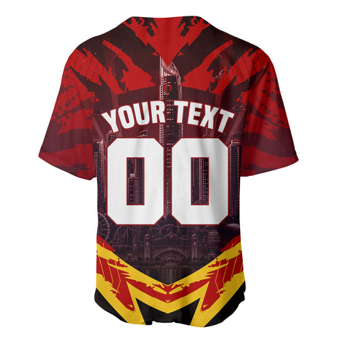 Personalised Gold Coast Suns Football Baseball Jersey Electric Red Flame Mascot Charging Cityscape