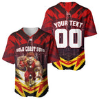 Personalised Gold Coast Suns Football Baseball Jersey Electric Red Flame Mascot Charging Cityscape