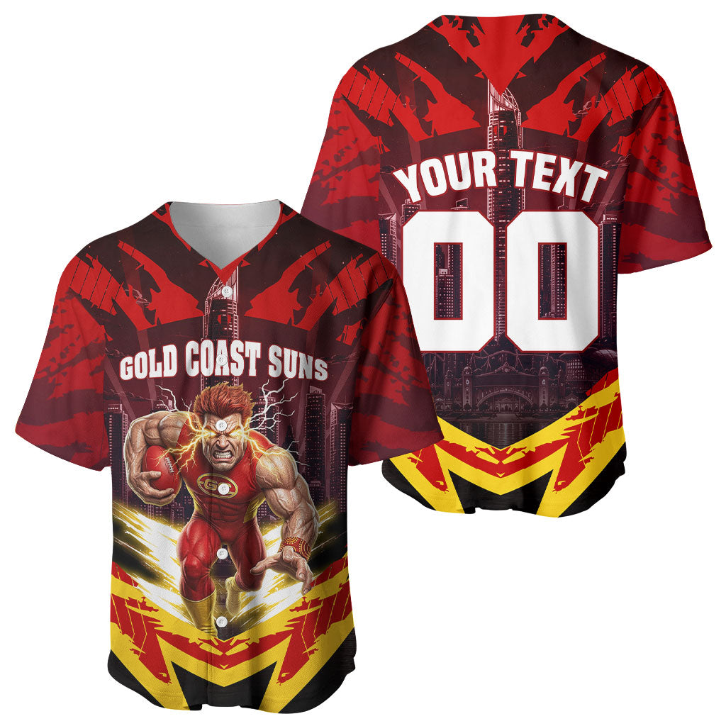 Personalised Gold Coast Suns Football Baseball Jersey Electric Red Flame Mascot Charging Cityscape