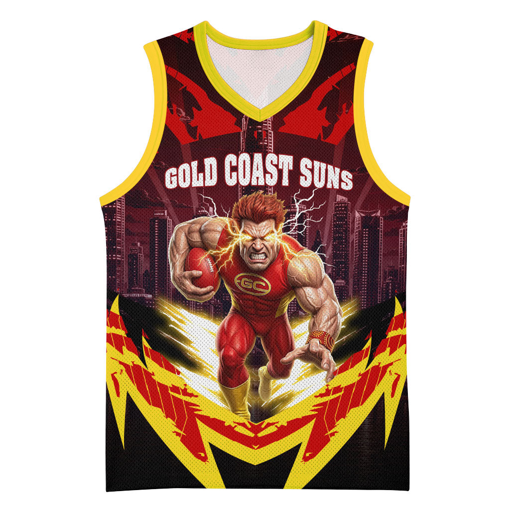 Personalised Gold Coast Suns Football Basketball Jersey Electric Red Flame Mascot Charging Cityscape