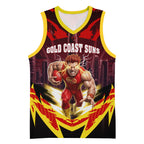 Personalised Gold Coast Suns Football Basketball Jersey Electric Red Flame Mascot Charging Cityscape