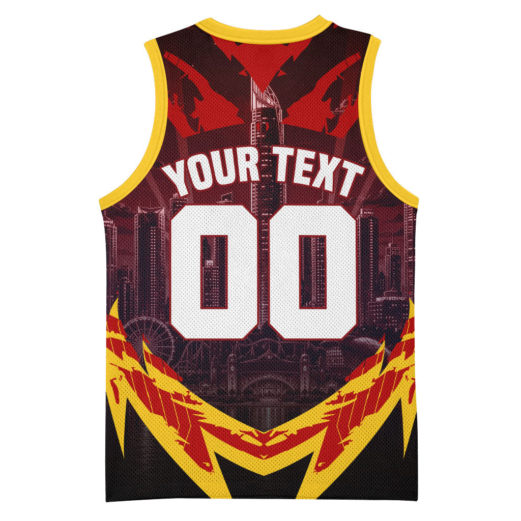 Personalised Gold Coast Suns Football Basketball Jersey Electric Red Flame Mascot Charging Cityscape