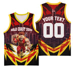 Personalised Gold Coast Suns Football Basketball Jersey Electric Red Flame Mascot Charging Cityscape