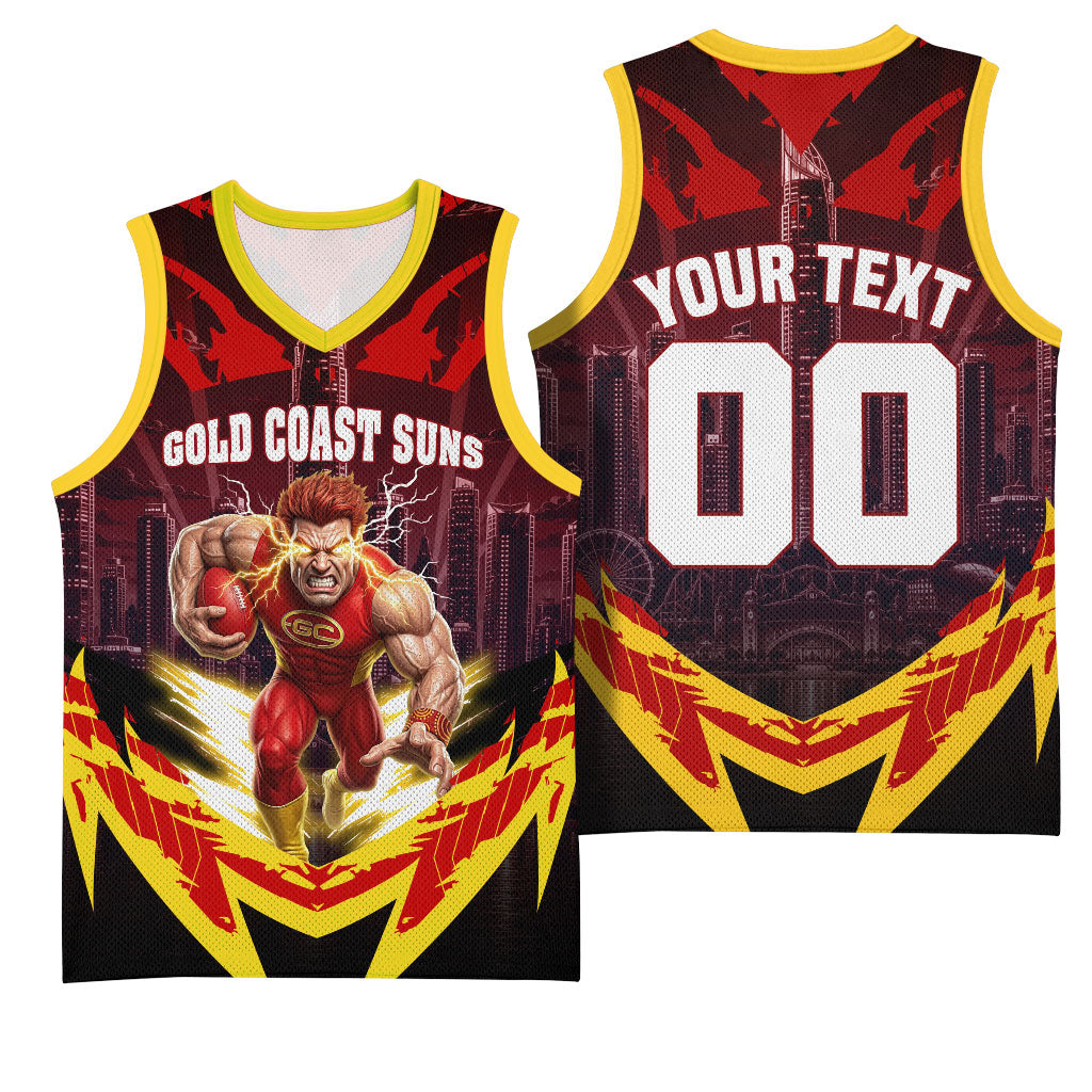 Personalised Gold Coast Suns Football Basketball Jersey Electric Red Flame Mascot Charging Cityscape