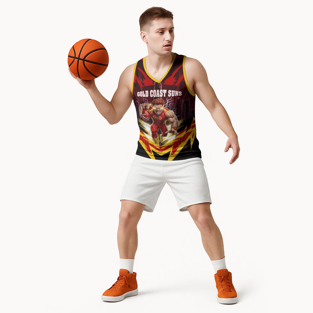 Personalised Gold Coast Suns Football Basketball Jersey Electric Red Flame Mascot Charging Cityscape