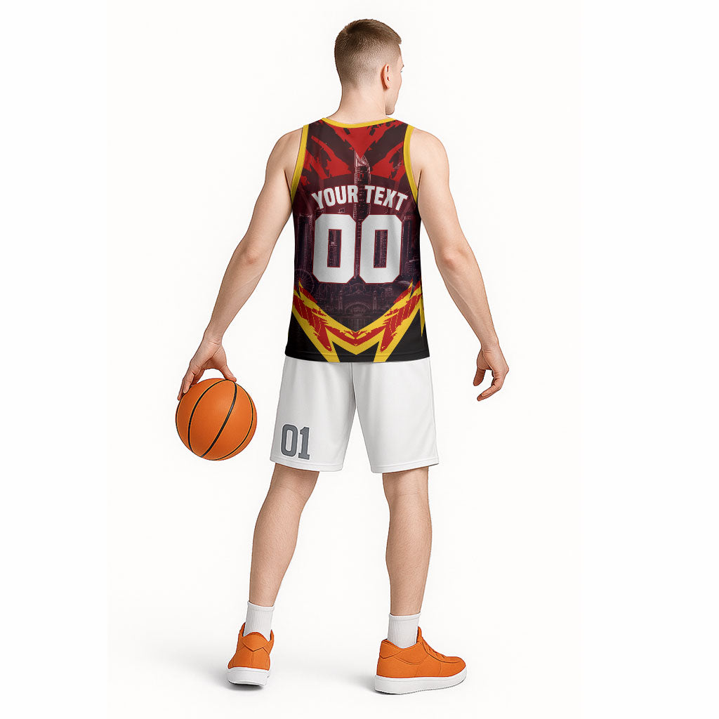 Personalised Gold Coast Suns Football Basketball Jersey Electric Red Flame Mascot Charging Cityscape