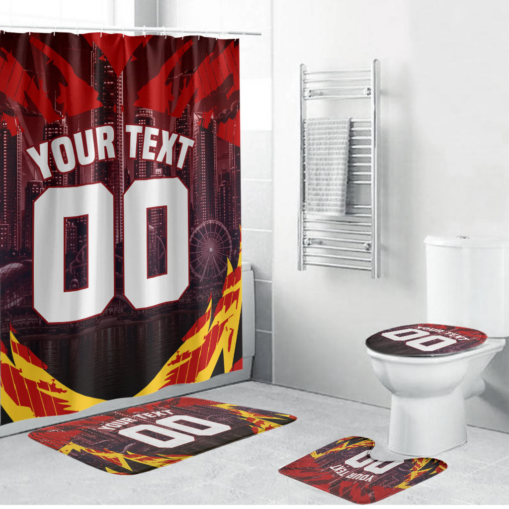 Personalised Gold Coast Suns Football Bathroom Set Electric Red Flame Mascot Charging Cityscape