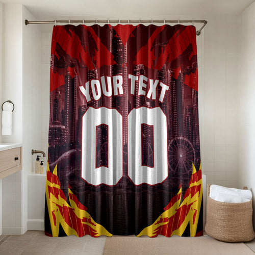 Personalised Gold Coast Suns Football Bathroom Set Electric Red Flame Mascot Charging Cityscape