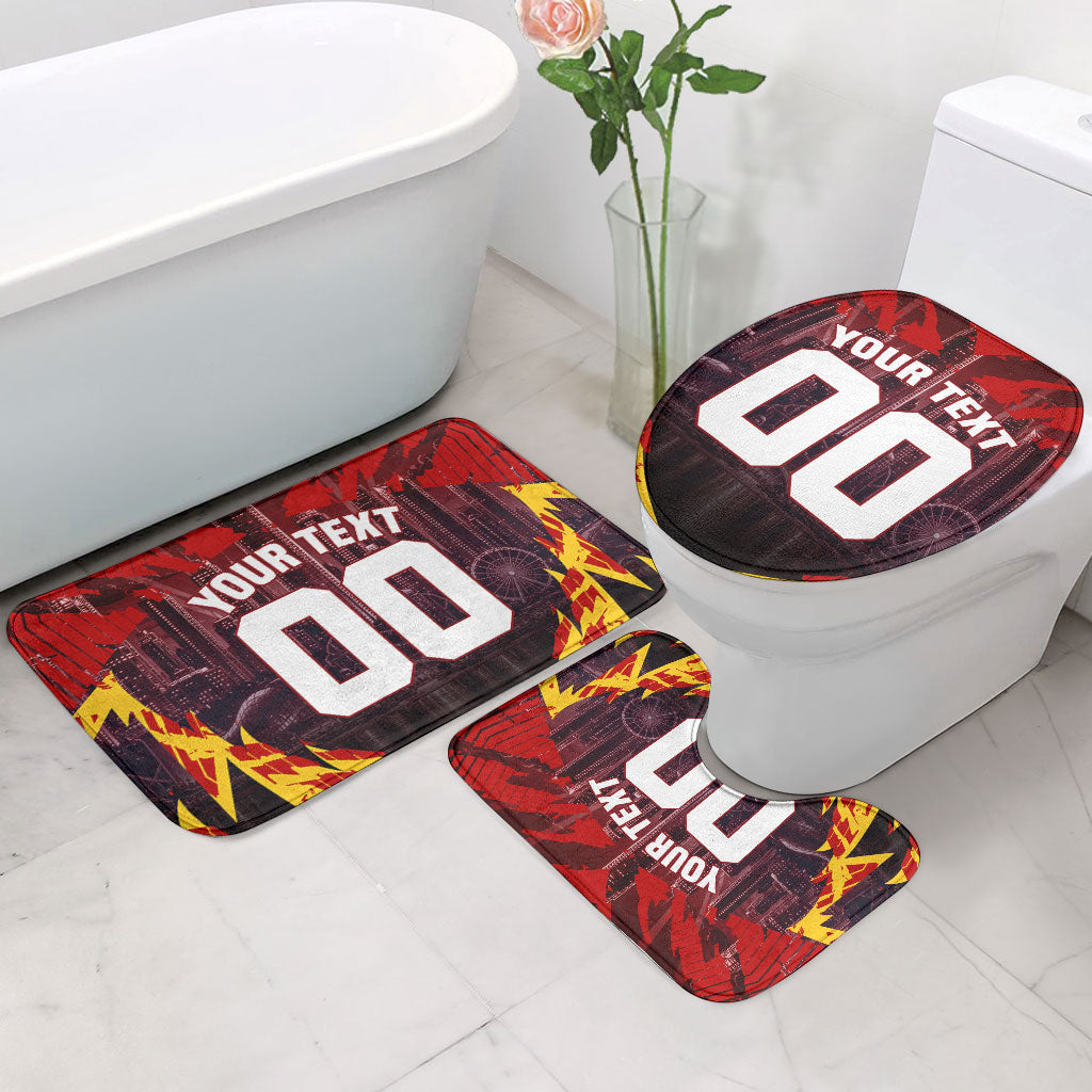 Personalised Gold Coast Suns Football Bathroom Set Electric Red Flame Mascot Charging Cityscape