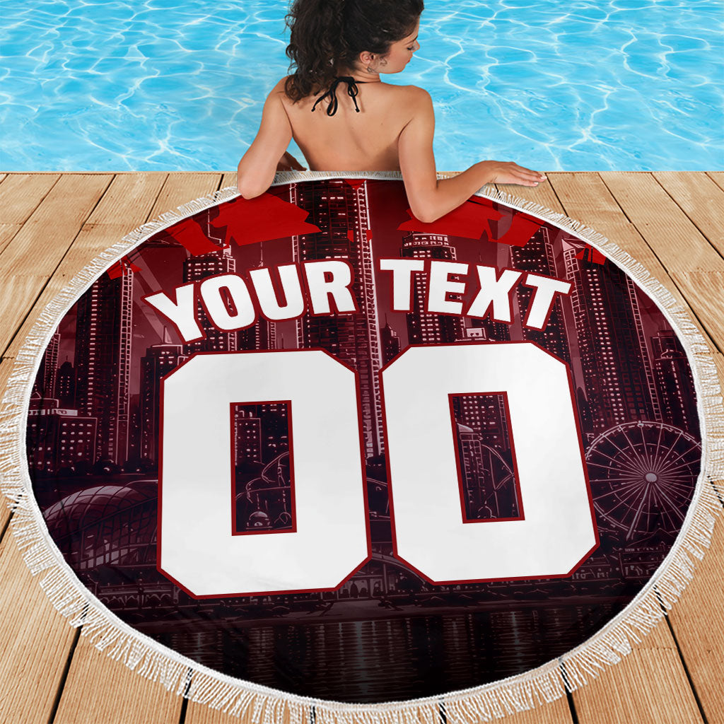 Personalised Gold Coast Suns Football Beach Blanket Electric Red Flame Mascot Charging Cityscape
