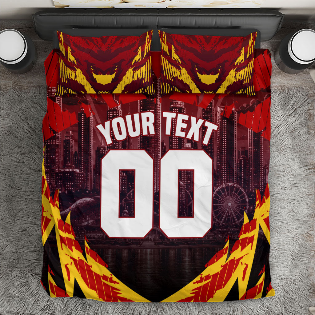 Personalised Gold Coast Suns Football Bedding Set Electric Red Flame Mascot Charging Cityscape