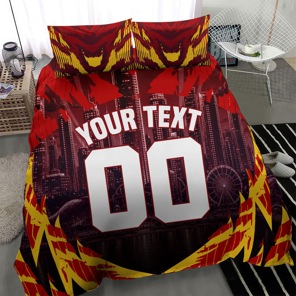 Personalised Gold Coast Suns Football Bedding Set Electric Red Flame Mascot Charging Cityscape