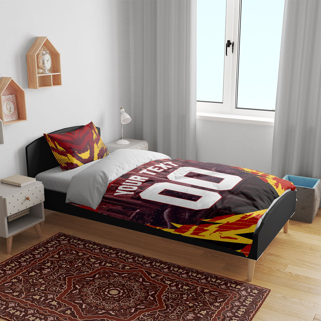 Personalised Gold Coast Suns Football Bedding Set Electric Red Flame Mascot Charging Cityscape